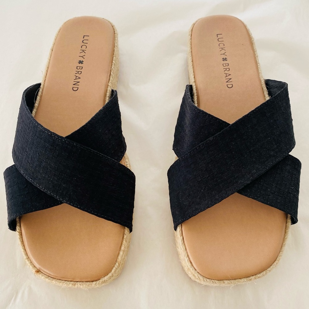Lucky Brand NEW Gayte Black‎ Platform Espadrille Slide Sandals Size 6.5 - Picture 2 of 7